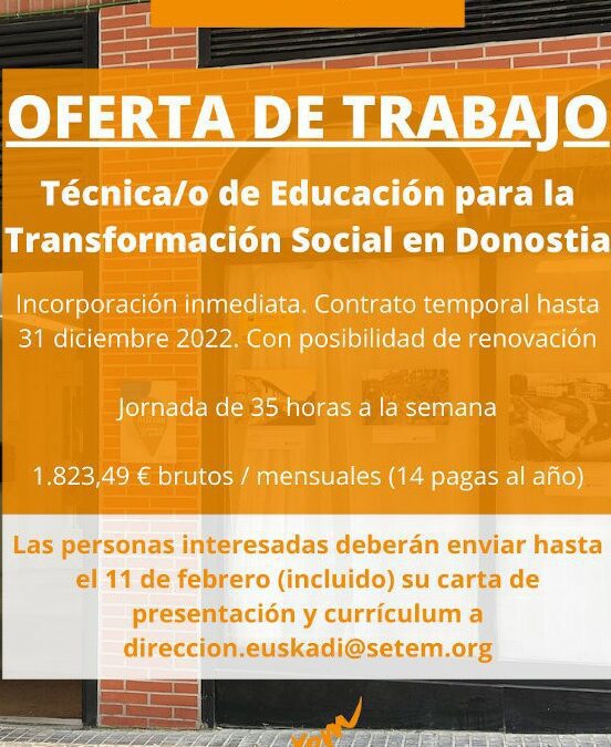 Oferta de trabajo: SETEM Hego Haizea busca técnica/o de Educación para la Transformación Social en San Sebastián